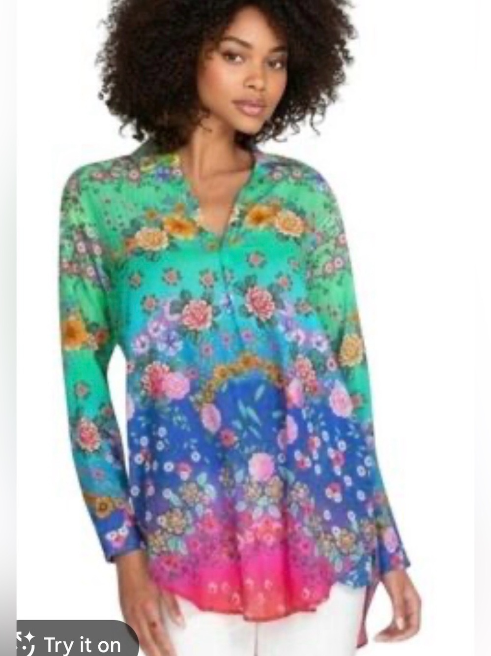 EUC Johnny Was Rainbow Floral Colorful Multicolored Henley Blouse - Picture 2 of 7